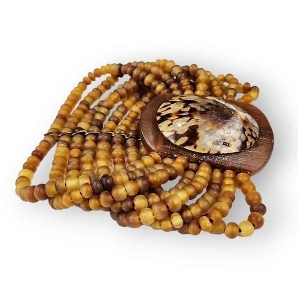 Genuine Seashell Stretch Bracelet Resin Brown Tan Bead Tropical Wide Multistrand - Picture 3 of 6